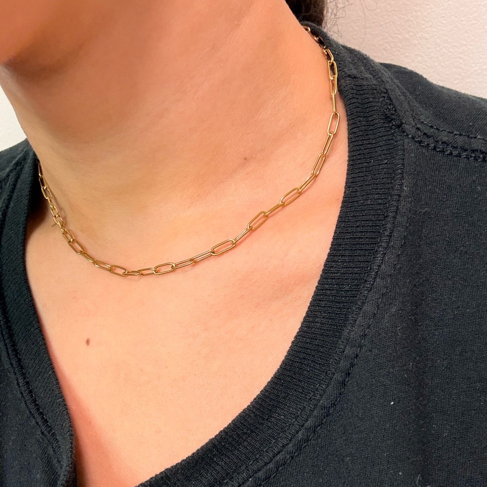 Gold Paper Clip Chain Necklace | 16” Stainless Steel - Picture 3 of 5